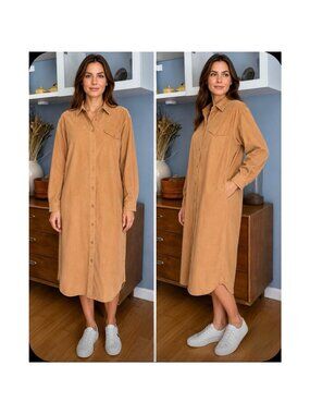Vtg 80’s CALVIN KLEIN Corduroy Midi Shirtdress Button-front Camel Pockets
